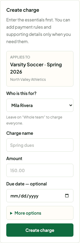 Sample Create charge form showing who, charge name, amount, due date, and a closed More options control