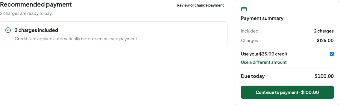 Sample family Pay view with two included charges, an automatically applied credit, and one Continue to payment button